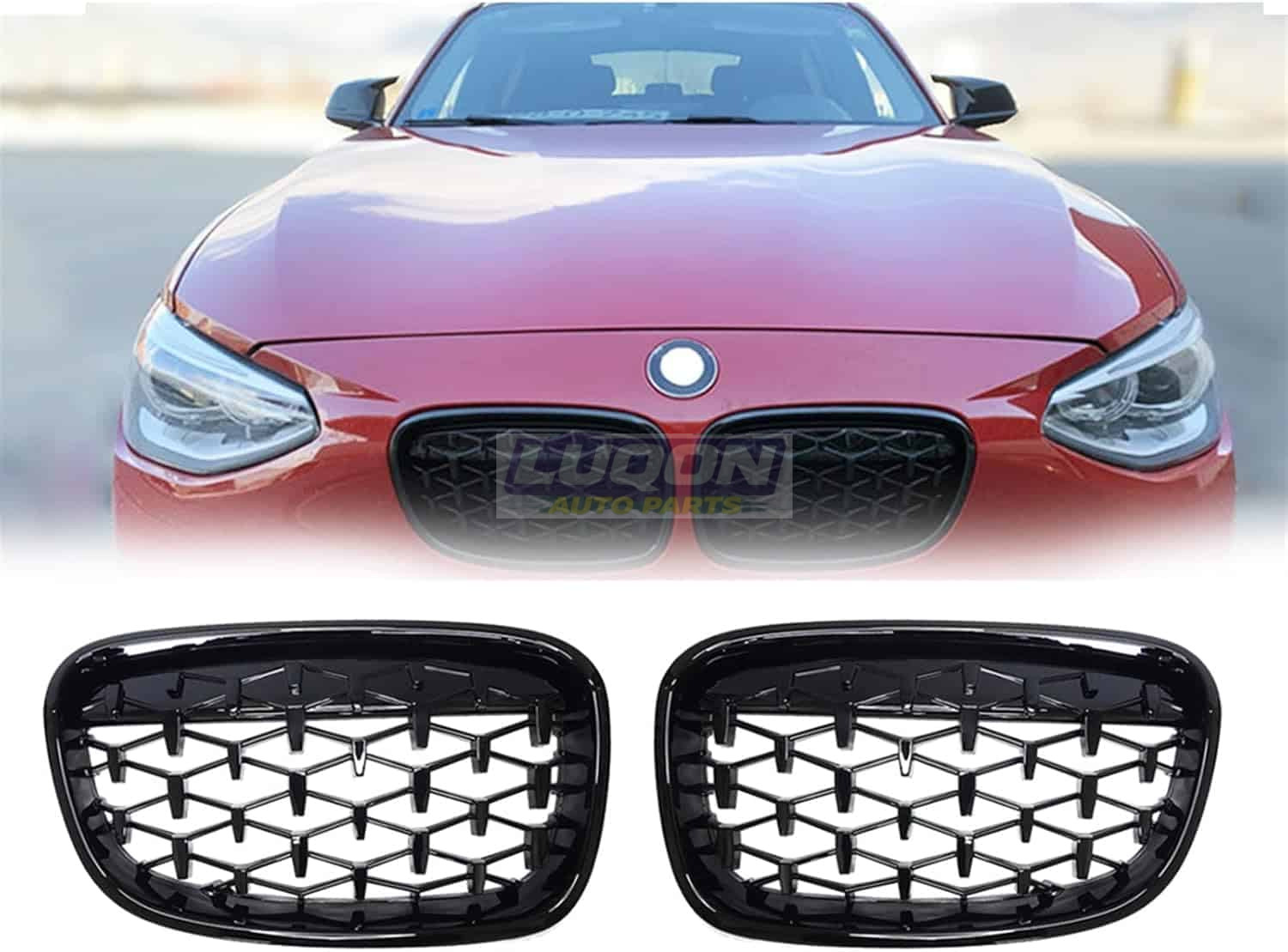 BMW F20 1 Series Kidney Grille Set Diamond Style Gloss Black 11-14 - Image 2