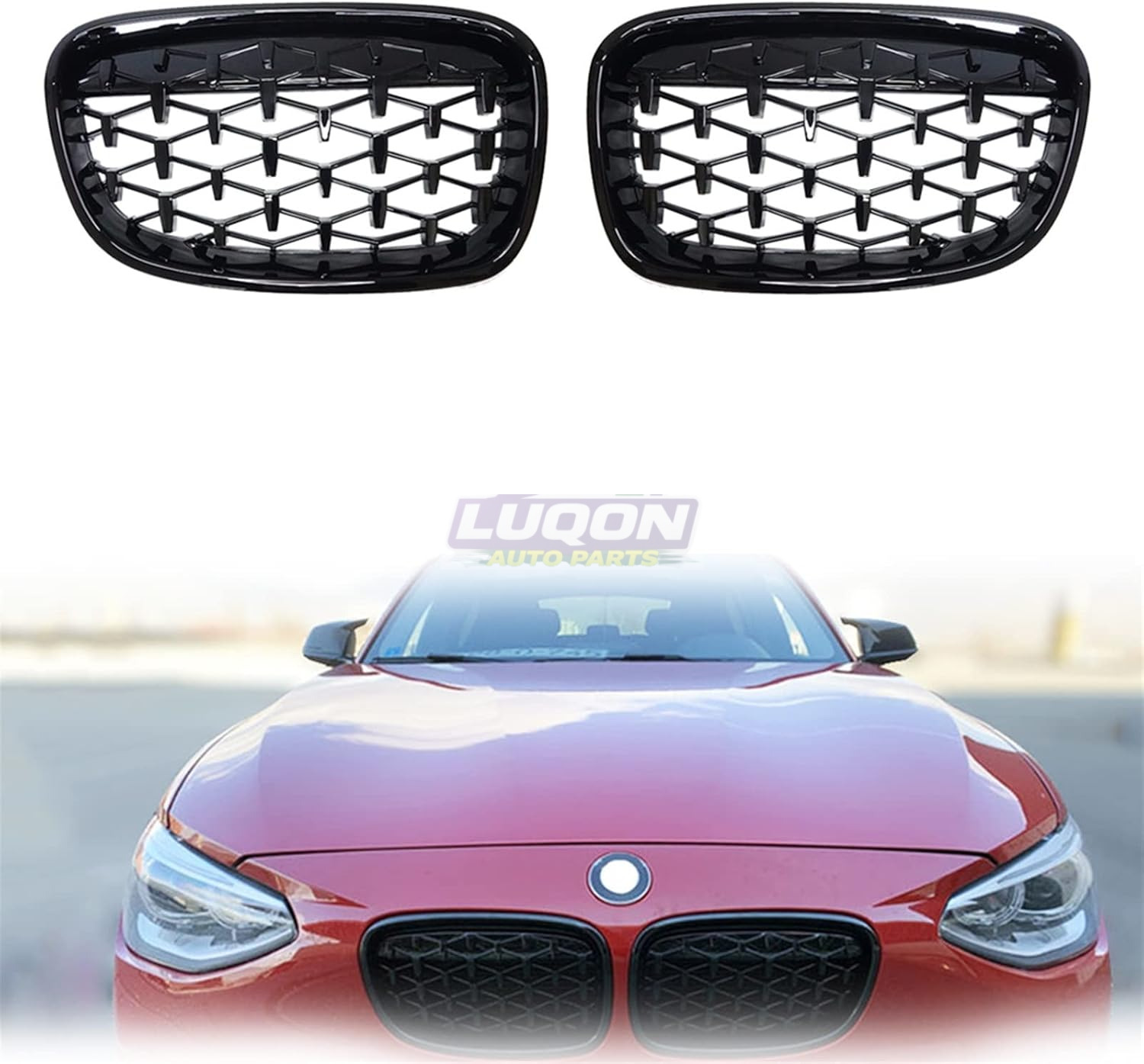 BMW F20 1 Series Kidney Grille Set Diamond Style Gloss Black 11-14 - Image 3